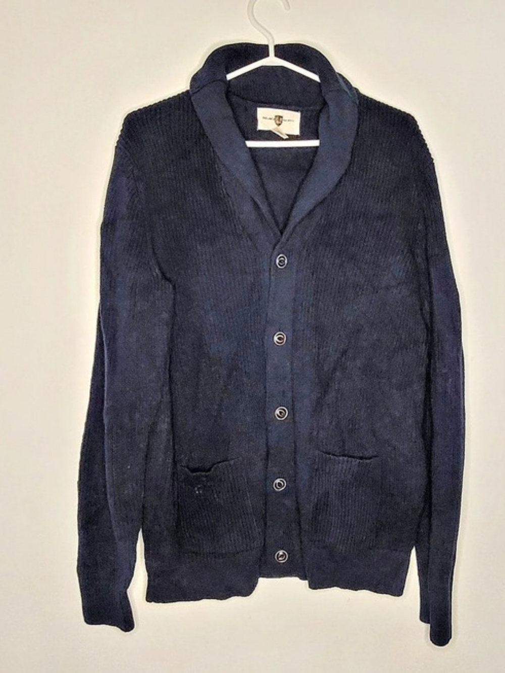 Black Brown 1826 Men's Knit Shawl Collar Button Cardigan Sweater Blue Pocket L